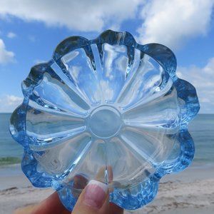 Vintage Round Light Blue Glass Notched Ashtray Candy / Trinket Dish Flower Shape